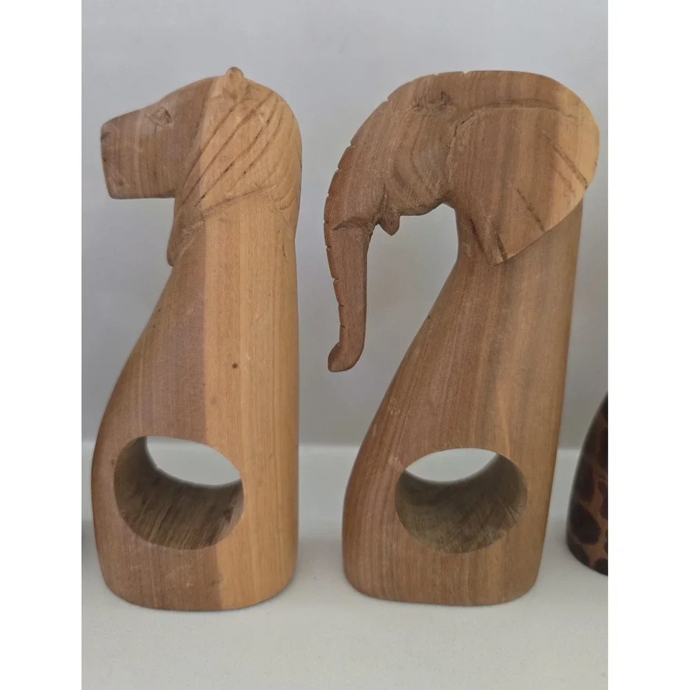 Vintage African Animals Besmo Kenya Hand Carved Wooden Napkin Rings Set Of‎ Six